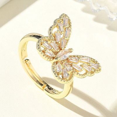 Adjustable Brass Butterfly Finger Rings with Clear Cubic Zirconia CU-CBA7E55-18G-01-1