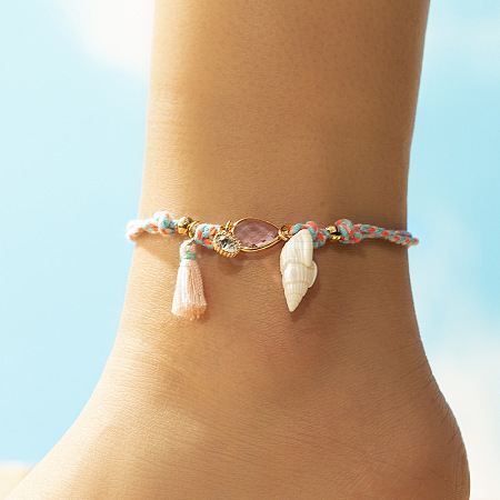 Bohemian Alloy Glass Teardrop and Natural Shell Charm Braided Cotton Cord Anklets for Women FS-WGB863D-01-1