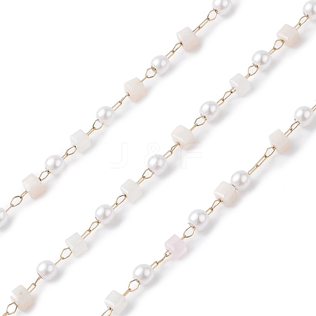 Cube & Round Glass & ABS Imitation Pearl Beaded Chains CHS-P016-43G-07-1