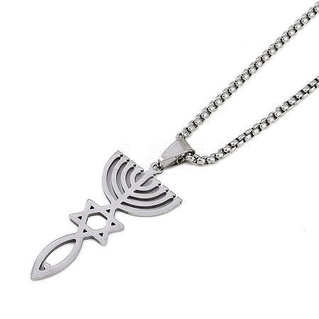 304 Stainless Steel Messianic Star of David Pendant Box Chain Necklaces NJEW-M010-03P-1