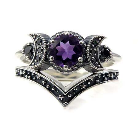 Gothic Purple Crystal Ring with Triple Moon Goddess - Black Diamond Jewelry for Women ST2578231-1
