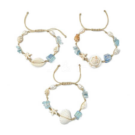 3Pcs Natural Shell & Quartz & Aquamarine Braided Bead Bracelets for Women BJEW-TA00576-1