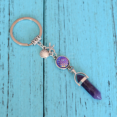 Natural Amethyst Bullet Pendant Keychains KEYC-PW0009-03F-1