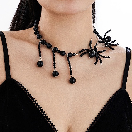 Gothic Spider Plastic Beaded Halloween Pendant Necklaces for Women PW-WG57971-03-1