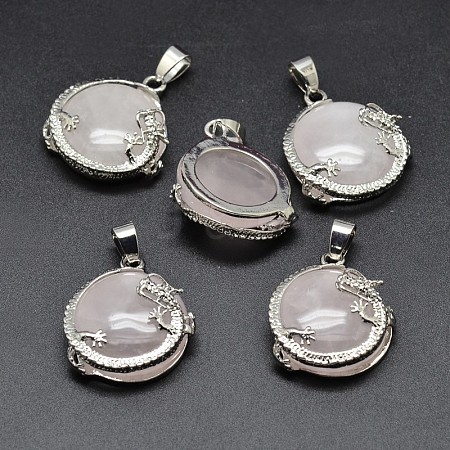 Flat Round with Dragon Platinum Plated Brass Natural Rose Quartz Pendants G-F228-24J-RS-1