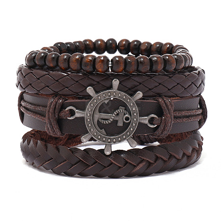 4Pcs 4 Styles Wood Beads Stretch Braceletas & Alloy Artificial Leather Cord Bracelet Sets for Men FS-WG9743B-07-1