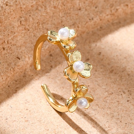 Flower Brass Open Cuff Rings for Women RJEW-G341-01G-1