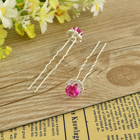 Lady's Bride Accessories Silver Color Plated Iron Glass Rhinestone Flower Hair Forks PHAR-S196-09-1