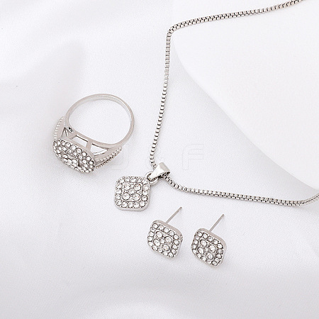Rhombus Alloy Rhinestone Pendant Necklaces & Stud Earrings & Rings Sets FS-WGFED7A-02-1