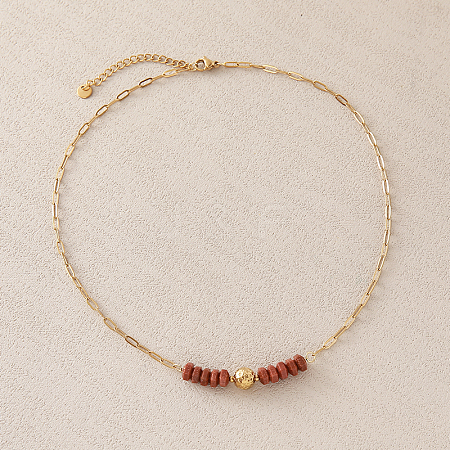 Synthetic Goldstone Hexagon Heishi Beads & 304 Stainless Steel Paperclip Chain Necklaces for Women SG1071-2-1