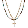 Stainless Steel Religion Cross Pendant Colorful Natural Mixed Gemstone Rondelle Beaded Double Layer Necklaces for Women KG2971-5
