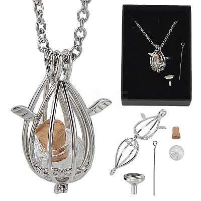 Brass Bead Cage Teardrop with Alloy Wing Pendant Cable Chain Necklaces NJEW-DR00030-1