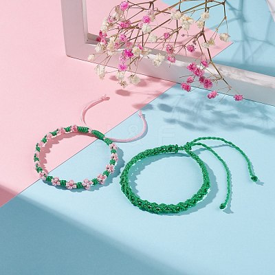2Pcs 2 Colors Peach Blossom Braided Cord Bracelet BJEW-JB07610-04-1