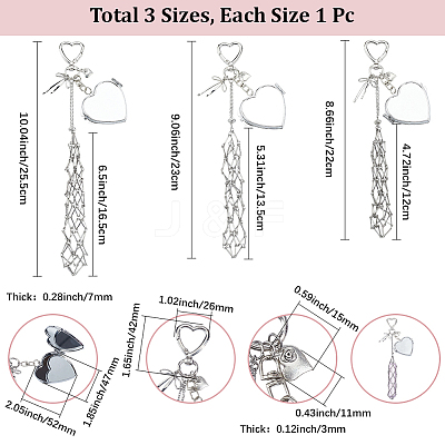 3Pcs 3 Styles 201 Stainless Steel String Bag & Iron & Glass Mirror & Alloy Bowknot Pendant Keychains HJEW-SC0003-32-1