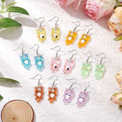Iron Transparent Resin Cat Shape Dangle Earrings EJEW-JE06379-1