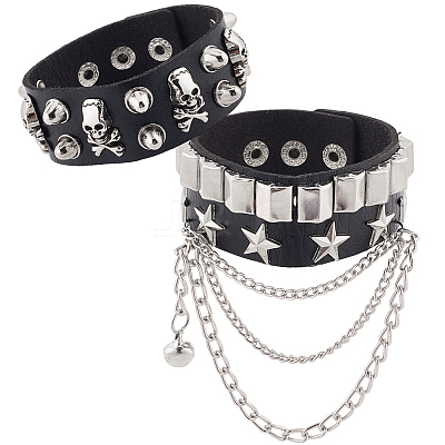 2Pcs 2 Styles Punk Style Imitation Leather Bangles BJEW-CL0001-04B-1
