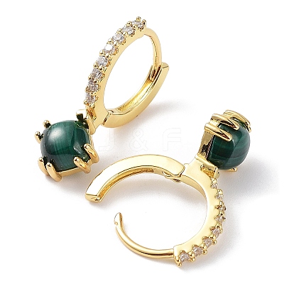 Rhombus Natural Malachite Dangle Hoop Earrings with Cubic Zirconia EJEW-B027-24G-1
