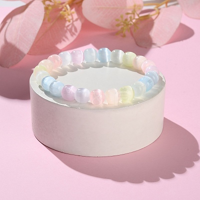 Dyed Natural Selenite Round Beaded Stretch Bracelets for Women BJEW-G731-01B-1