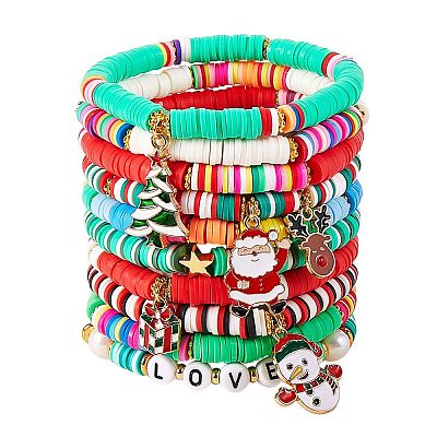 10Pcs 10 Styles Polymer Clay Heishi Beaded Stretch Bracelet Sets for Christmas BJEW-JB06128-1