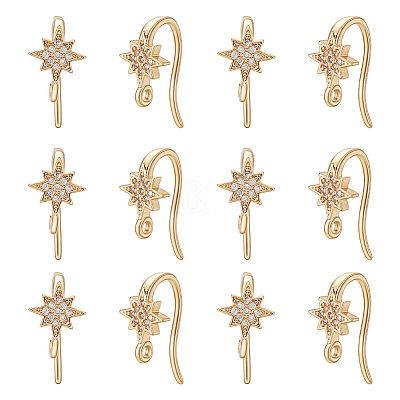 16Pcs Brass Micro Pave Clear Cubic Zirconia Star Earring Hooks KK-UN0005-98-1