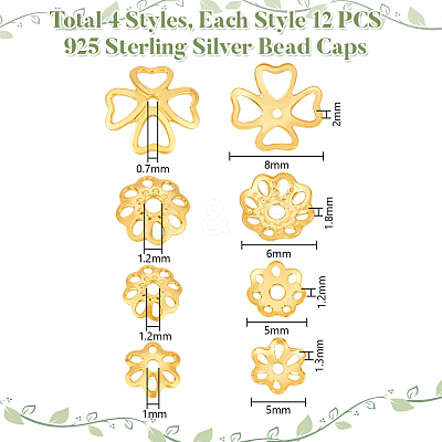 48Pcs 4 Styles 925 Sterling Silver Bead Caps STER-PH0003-97-1