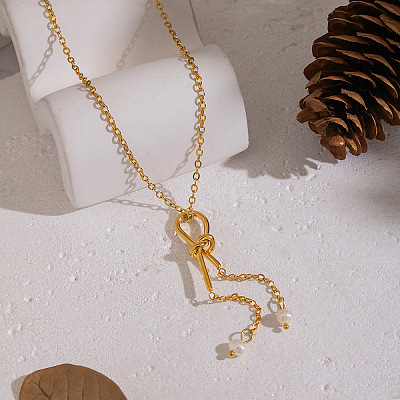 304 Stainless Steel with Natural freshwater Pearl Knot Tassel Pendant Necklaces for Women NJEW-Z111-02G-1