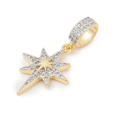 Brass Micro Pave Clear Cubic Zirconia Star European Dangle Charms KK-U058-37G-1