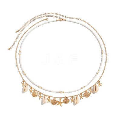 Summer Beach CCB & Faux Shell Tassel Glass Seed Beaded Double Layer Waist Chains WG83327-02-1