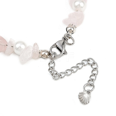 Alloy Enamel Shell Shape Charm White Round Shell Pearl & Natural Rose Quartz Chip Beaded Anklets AJEW-AN00734-01-1