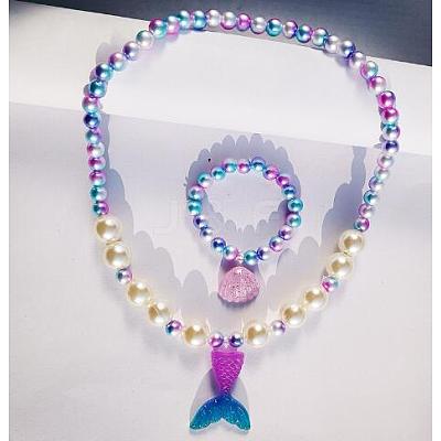 Plastic Shell & Mermaid Tail Shape Pendant Necklace and Stretch Bracelet SJEW-TAC0002-04-1