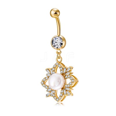 Brass Cubic Zirconia and Pearl Navel Ring AJEW-EE0004-05-1