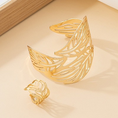 Hollow Out Leaf Alloy Cuff Bangles & Cuff Rings Sets FS-WG2FB6E-01-1