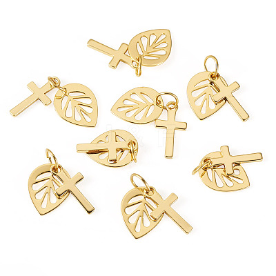 10Pcs Cross with Leaf Brass Pendants PALLOY-TAC0273-1