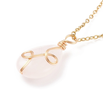 Natural Rose Quartz Teardrop Pendant Necklace NJEW-JN03900-01-1