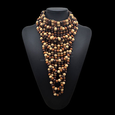 Round Wood Beaded Multi Layered Bib Necklaces for Women FS-WG9E278-04-1