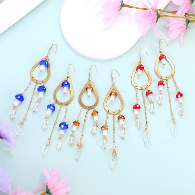 Natural Quartz Crystal Teardrop & Lampwork Mushroom Chandelier Earrings EJEW-SW00018-01-1