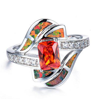 Brass Micro Pave Cubic Zirconia and Opal Finger Rings FS-WG9EA6B-09-1