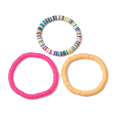 3Pcs 3 Colors Polymer Clay Disc Beaded Stretch Bracelet Sets BJEW-JB10439-01-1