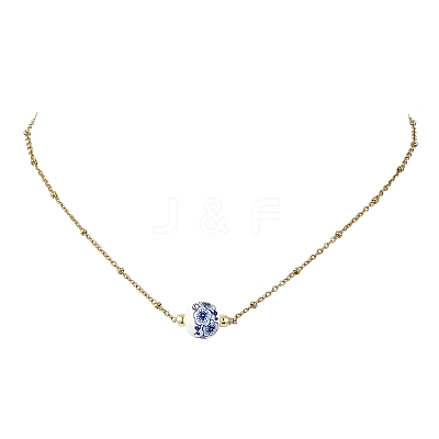 Handmade Flower Printed Porcelain Round Pendant 304 Stainless Steel Satellite Chain Necklaces for Women NJEW-JN06473-1