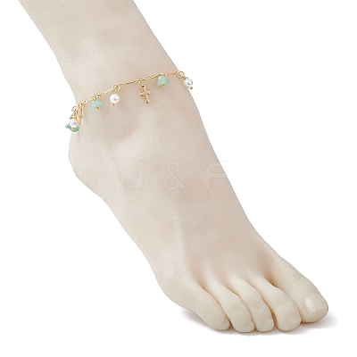 Natural Green Aventurine Chip & Round Shell Pearl Cross Tassel Anklets AJEW-AN00716-02-1