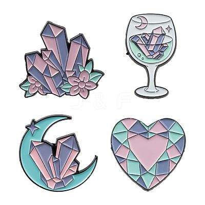 4Pcs 4 Style Heart & Flower & Moon & Wine Glass Enamel Pin JEWB-FS0001-04-1