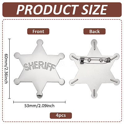 4Pcs Alloy Star with Word Sheriff Brooch Pin for Costume Accessories JEWB-FG0001-52A-1