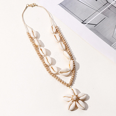 Summer Beach Natural Cowrie Shell & Glass Flower Pendant Double Layered Necklaces for Women FS-WGA7A0B-02-1
