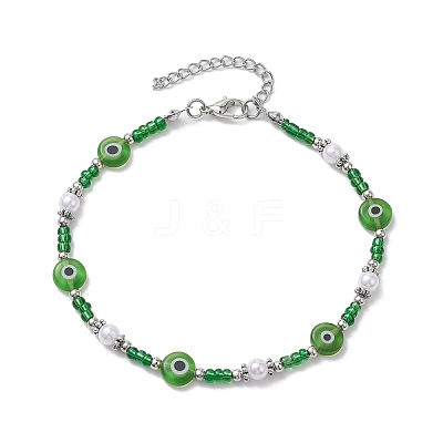 Handmade Evil Eye Lampwork & Glass Seed Beaded Anklets AJEW-AN00573-1