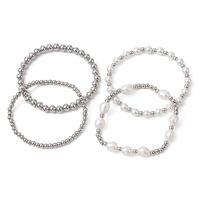 4Pcs 4 Style Natural Pearl & Brass Beaded Stretch Bracelets Set for Women BJEW-JB09662-02-1