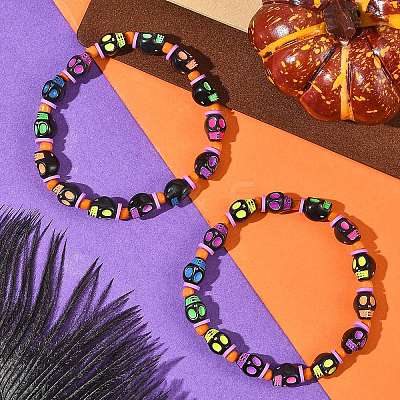 Halloween Skull Acrylic Beaded Stretch Bracelets BJEW-JB14347-01-1