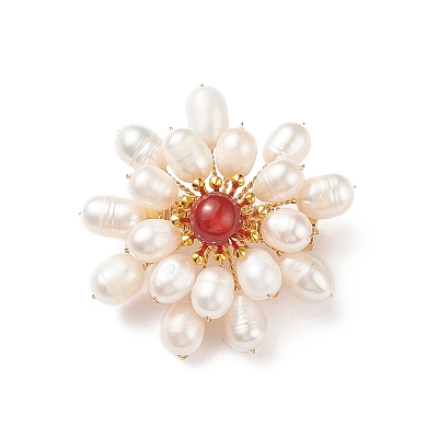 Natural Carnelian & Pearl Braided Bead Flower Lapel Pin JEWB-TA00006-02-1