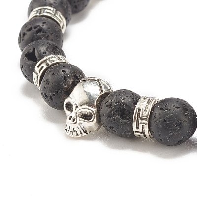 Natural Lava Rock Round Beaded Stretch Bracelet with Alloy Skull BJEW-JB07865-01-1