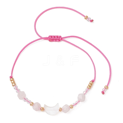 Natural Rose Quartz & Freshwater Shell Moon Charm Bracelets BJEW-MZ00303-03-1