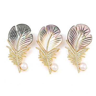 Brass Micro Pave Cubic Zirconia & Shell Brooch JEWB-C0410-03G-1